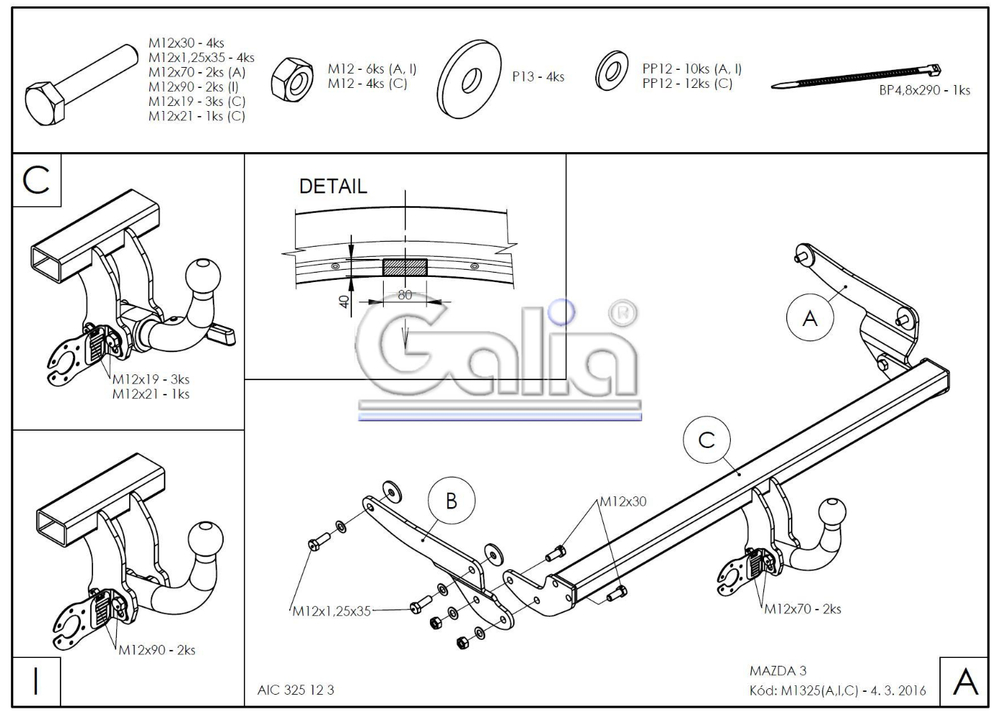 Фаркоп оцинкованный Galia M132A для Mazda 3 хетчбек 2014-(паспорт и сертификат в комплекте)(без электрики)