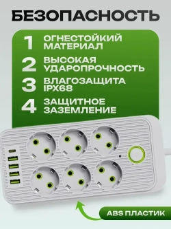Сетевой фильтр , удлинитель сетевой 5м , с предохранителем , 5 метров , 6 розеток , 4 USB , 1 Type-C