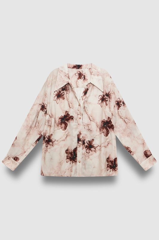 Блузка с отложным воротником, цветочный принт бежевый