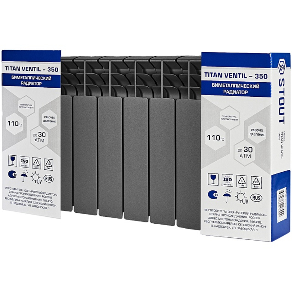 Радиатор биметаллический STOUT TITAN VENTIL 350 - 10 секций (подключение нижнее правое, цвет графит RAL 7024)
