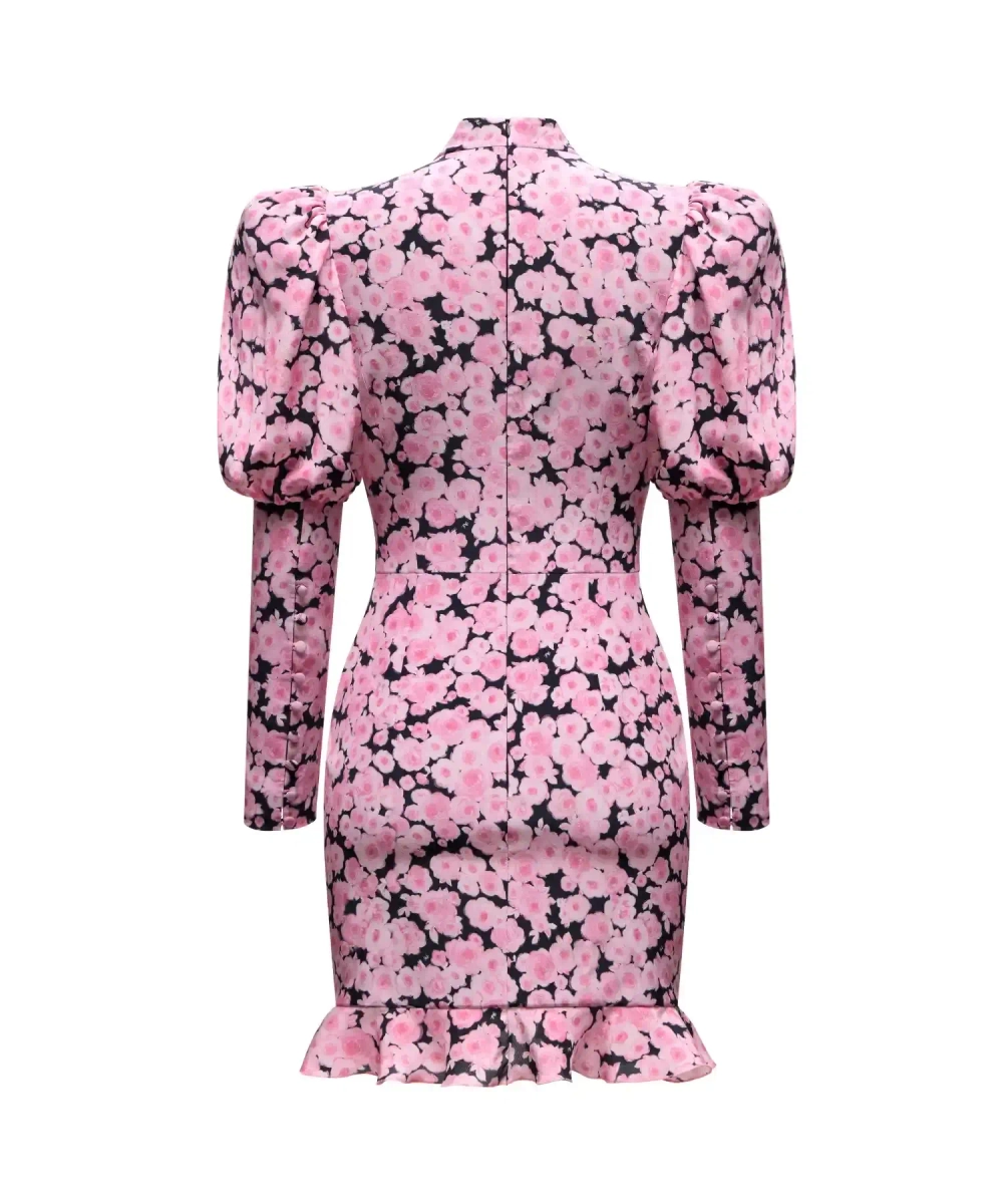 Giannetta mini, платье мини черное из крепдешина со средними розовыми цветами