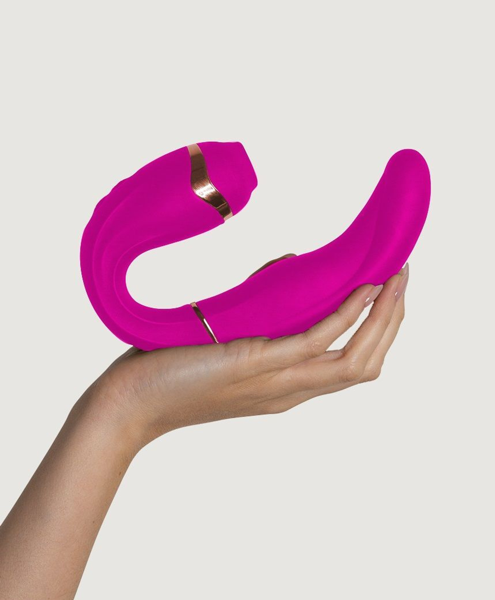 Ярко-розовый вибромассажёр зоны G с вакуумным клиторальным стимулятором My G - 17,4 см. (Цвет: ярко-розовый)