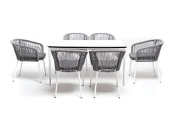 "Малага" обеденная группа на 6 персон со стульями "Марсель", каркас белый, роуп светло-серый