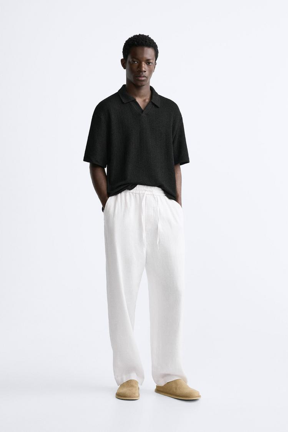 ZARA ПОЛО ИЗ РЕЛЬЕФНОЙ ТКАНИ, ЧЕРНЫЙ