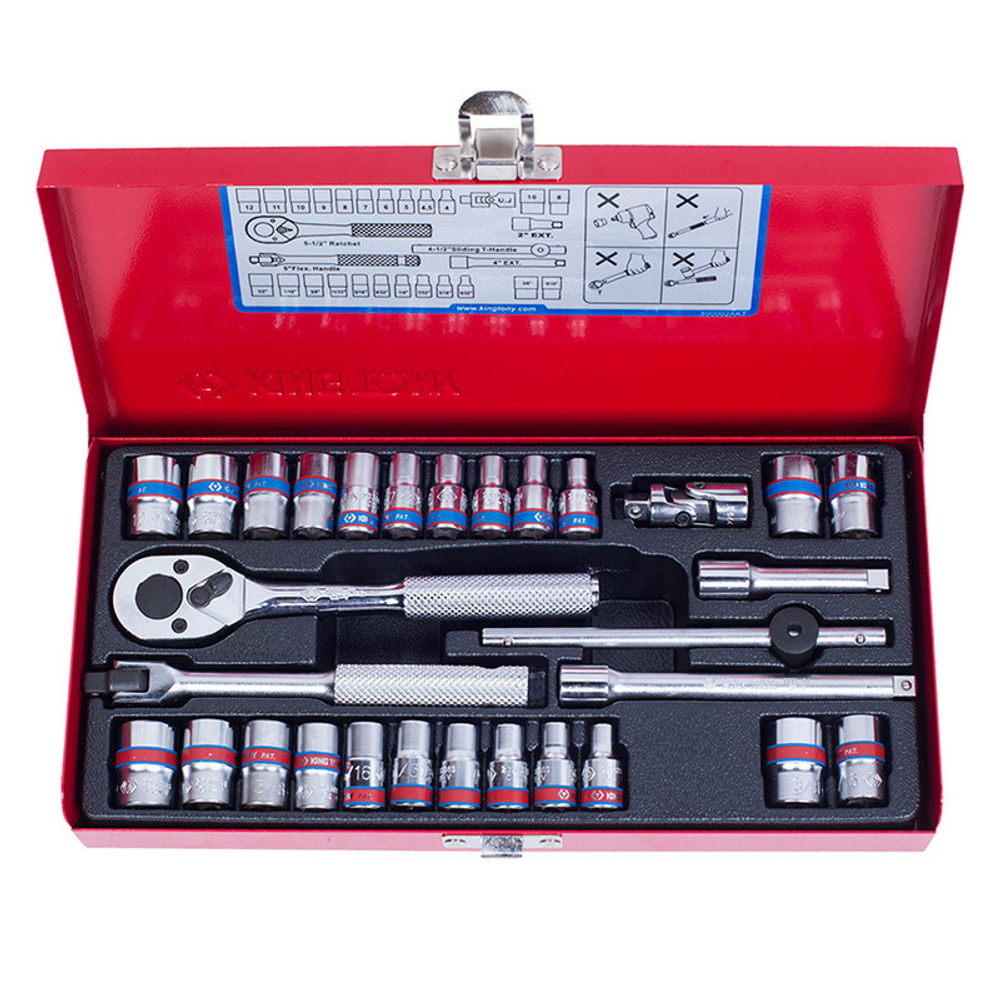 KING TONY (2030CR) Набор торцевых головок с принадлежностями 1/4", 12-гранные, 4-12 мм и 5/32"-1/2", 30 предметов