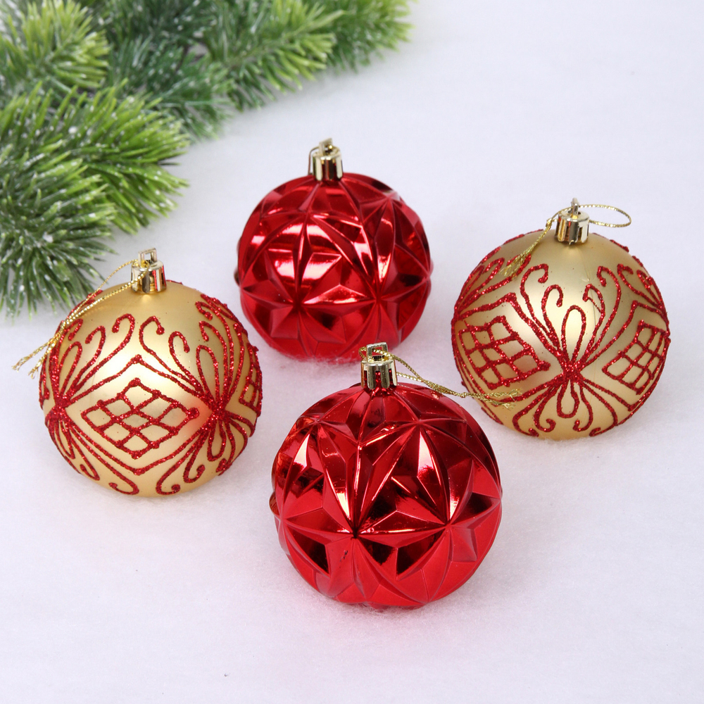 Новогодние шары 7 см (набор 4 шт) «Симфония леса», красный/золото