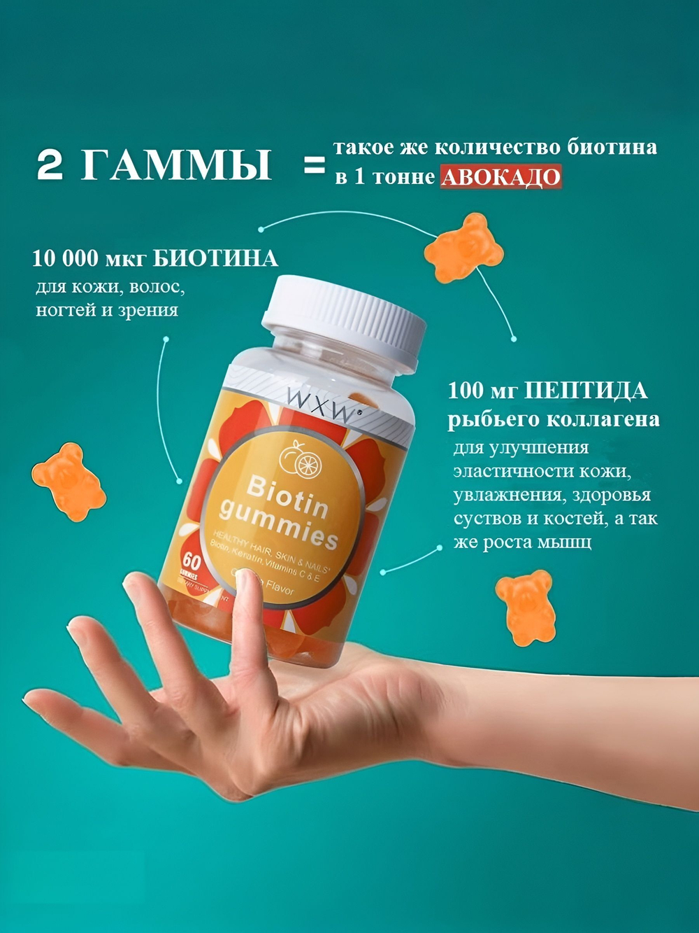 Витамины WXW Stock "Гамми", для волос, кожи и ногтей, БАД, 10 000мкг биотина, апельсин, 60 шт