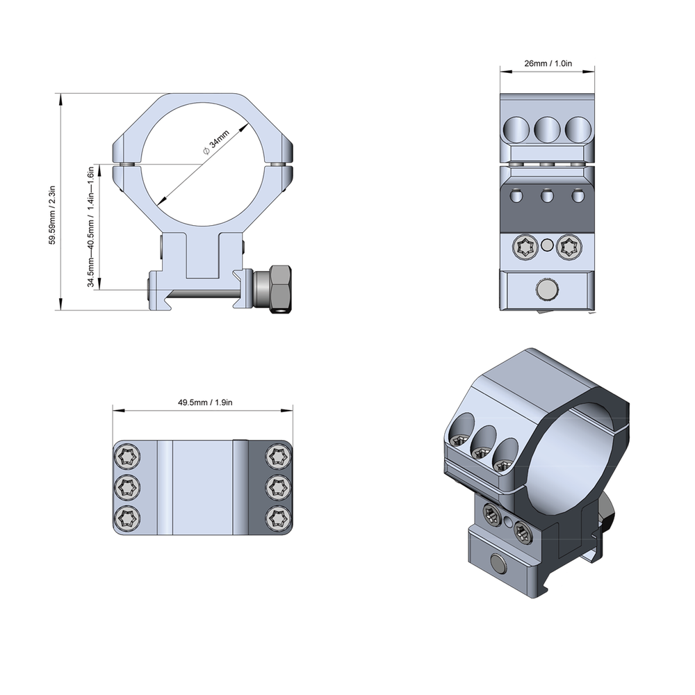 Кольца Vector Optics D34мм, регулируемая высота 34,5-40,5mm, 6 винтов, на Weaver (XASR-3050) на винтах