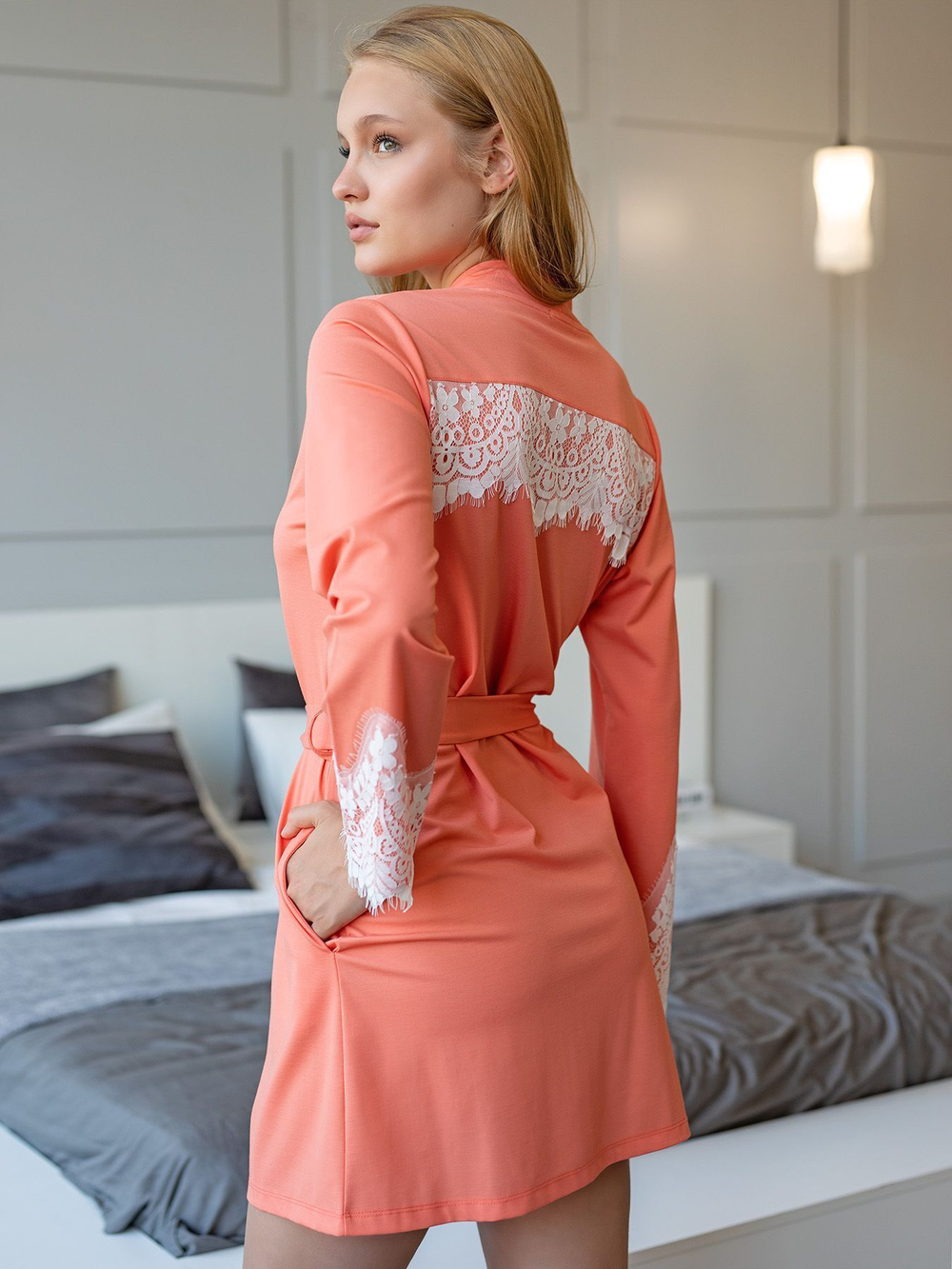Коралловый халат с кружевом (Размер: XXXL) (Цвет: коралловый)