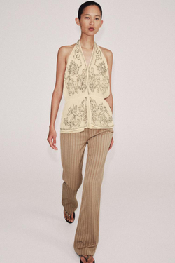 ZARA ТОП ХАЛТЕР С ВЫШИВКОЙ ХАЛТЕР — ZW COLLECTION LIMITED EDITION, БЕЖЕВЫЙ