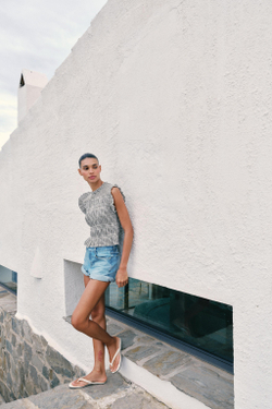 ZARA ТОП В КЛЕТКУ ВИШИ С ЭФФЕКТОМ ЖАТКИ, КОРИЧНЕВЫЙ/ЭКРЮ