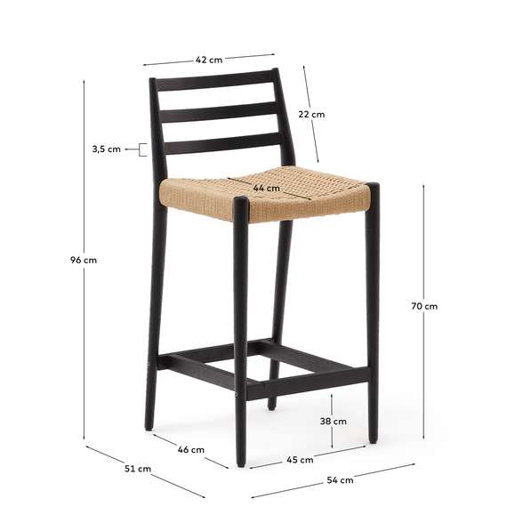 Analy Барный стул из массива дуба с черной отделкой и сиденьем из веревки 70 см