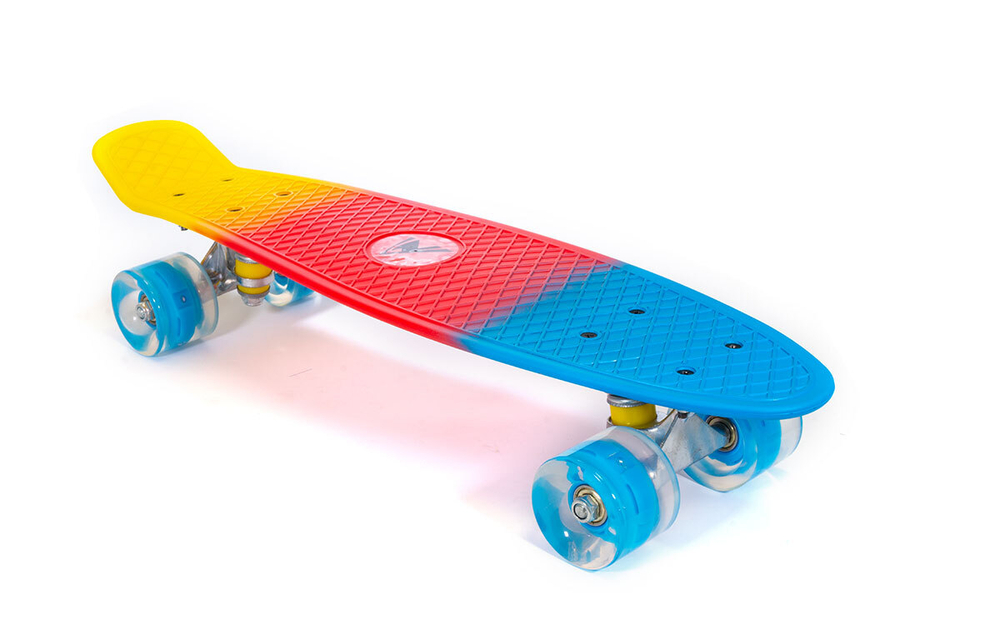 Скейтборд TRIX мини 22" 56 см , пластик, подвеска-алюм., колеса светящиеся PU 45х60 мм голубые, ABEC 7, син/красн/желтый