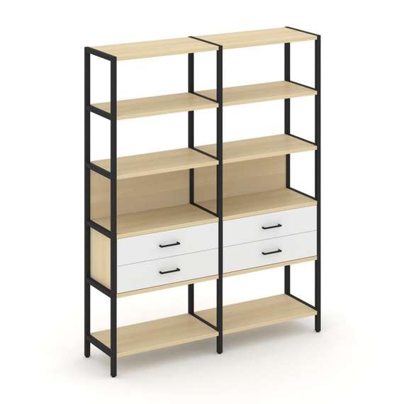 Shelf System Двухсекционный стеллаж пятиярусный с ящиками SN.STM-522 Акация Лорка/Белый/Металл Черны