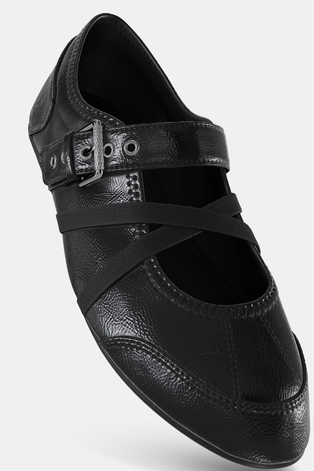 ZARA БАЛЕТКИ ИЗ ЛАКИРОВАННОЙ ИСКУССТВЕННОЙ КОЖИ С ПРЯЖКАМИ, ЧЕРНЫЙ