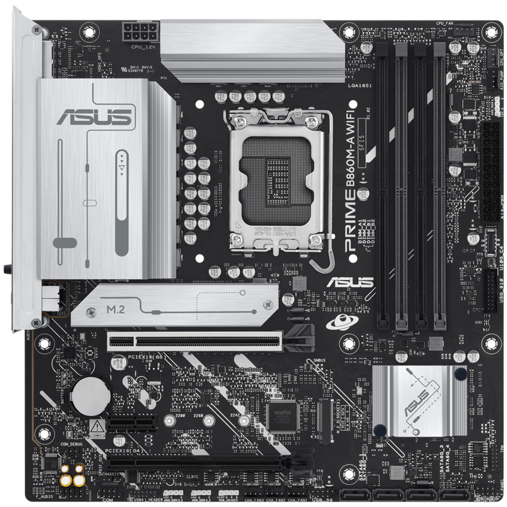 ASUS Main Board Desktop LGA1851 Intel B860 Chipset 4 x DIMM slots, max. 256GB, DDR5 2 x DisplayPort 1 x HDMI 1 x Wi-Fi module 2 x M.2 slots 4 x SATA micro-ATX Form Factor