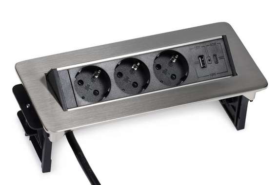 Блок розеток выдвижной горизонтальный (3 розетки, USB-A, USB-C) G4703-2AC.N Никель/Черный 245*111*3