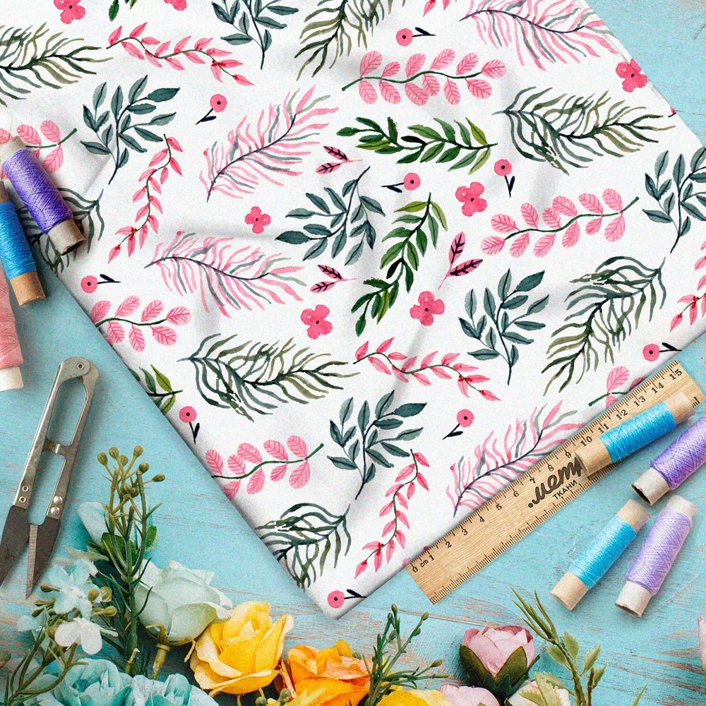 Ткань бифлекс розовые и зелёные листья на бежевом фоне