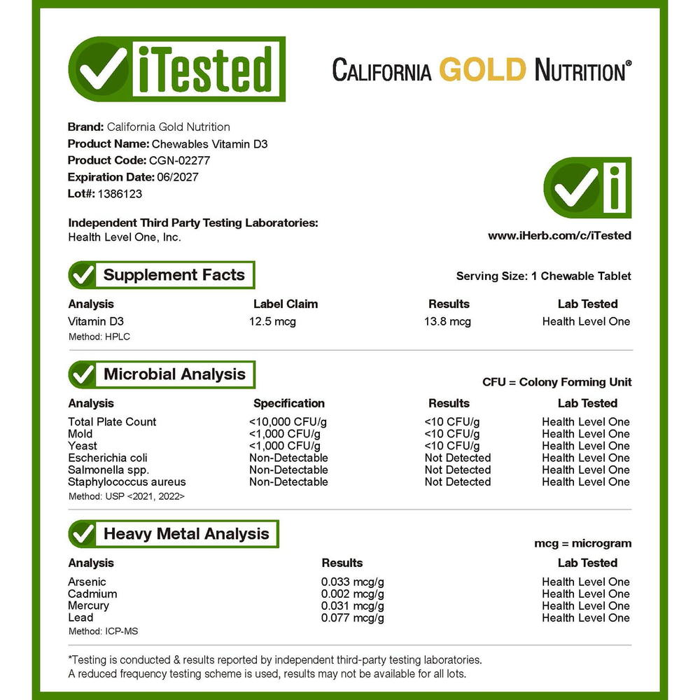 California Gold Nutrition, жевательный витамин D3 для детей, натуральный вишневый вкус, 12,5 мкг (500 МЕ), 90 вегетарианских таблеток