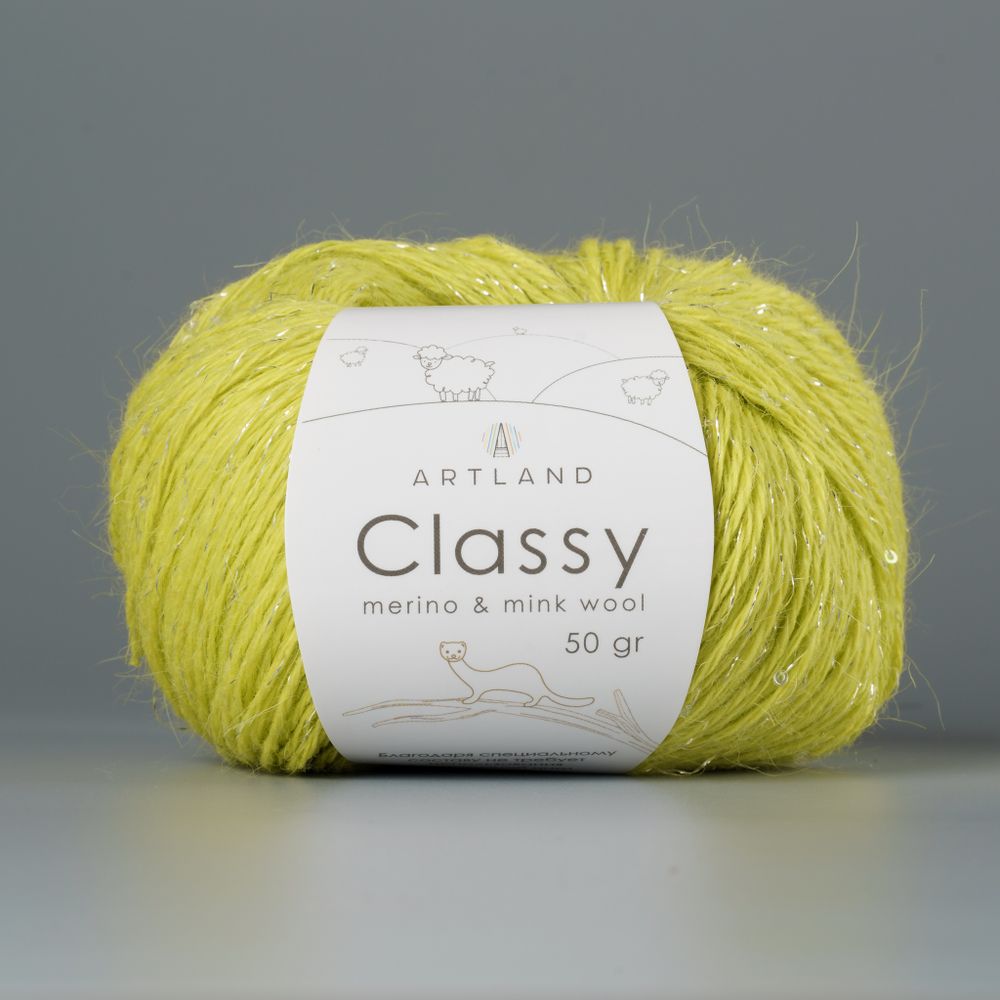 Classy, пряжа с люрексом и пайетками, шелк-5%, мериносовая шерсть-20%, нейлон-30%, норка-45%, 50 гр, 240 м, салат