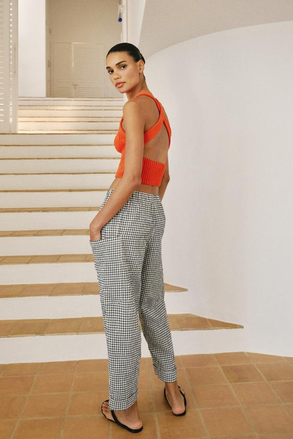 ZARA БРЮКИ В КЛЕТКУ С ЭЛАСТИЧНЫМ ПОЯСОМ, БЕЛЫЙ/ЧЕРНЫЙ