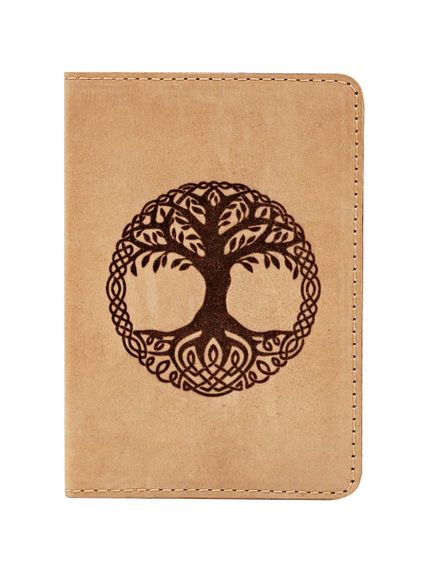 Фото обложка для паспорта Древо жизни из светло коричневого нубука в сложенном виде.