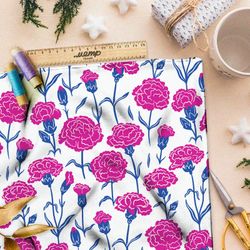 Ткань таффета мелкие розовые гвоздики на белом фоне