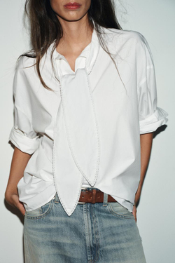 ZARA РУБАШКА ОВЕРСАЙЗ ИЗ ПОПЛИНА С КРУЖЕВНЫМ БАНТОМ, БЕЛЫЙ