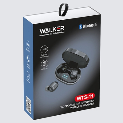 Наушники WALKER WTS-11, сенс. управление, независ. работа наушников, цифр. индикатор заряд, черные