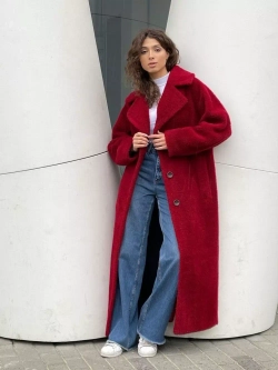 Шуба чебурашка женская из овечьей шерсти тедди, краснная, SilverFox