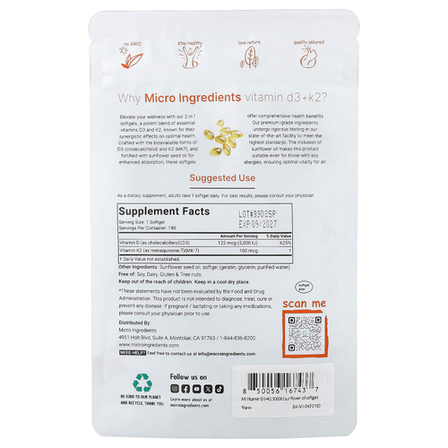 Micro Ingredients, витамины D3 и K2, 180 капсул