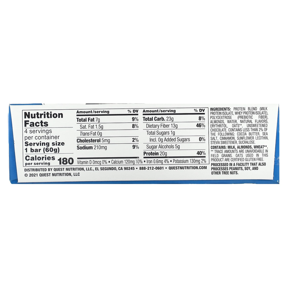 Quest Nutrition, Протеиновый батончик, овсянка и шоколадная крошка, 4 батончика по 60 г (2,12 унции)