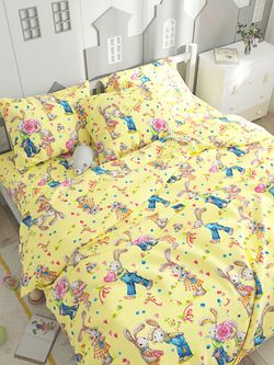 Постельное белье перкаль Сказка "Зайчики" 1,5-сп Наволочка 50x70 см 1 шт Простынь на резинке 90x200 см Пододеяльник 145x215 см