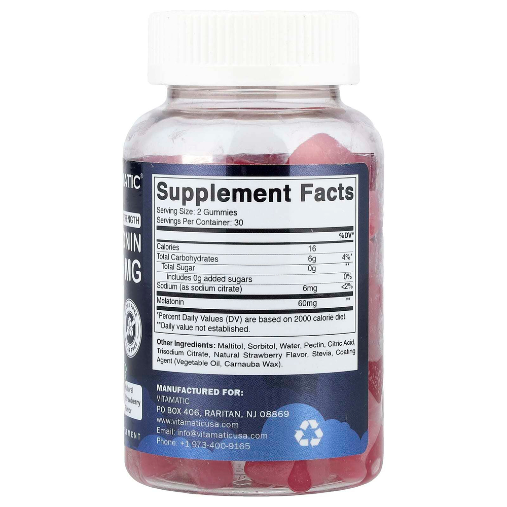 Vitamatic, жевательные таблетки с мелатонином, без сахара, натуральная клубника, 60 мг, 60 жевательных таблеток