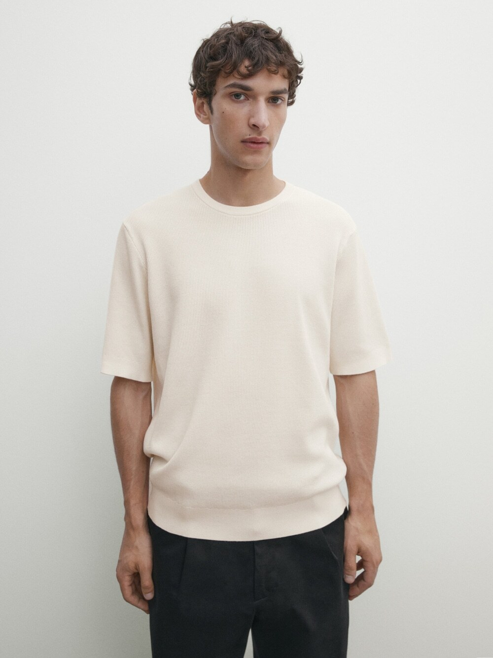 Massimo Dutti Хлопковая футболка, натуральный, кремовый