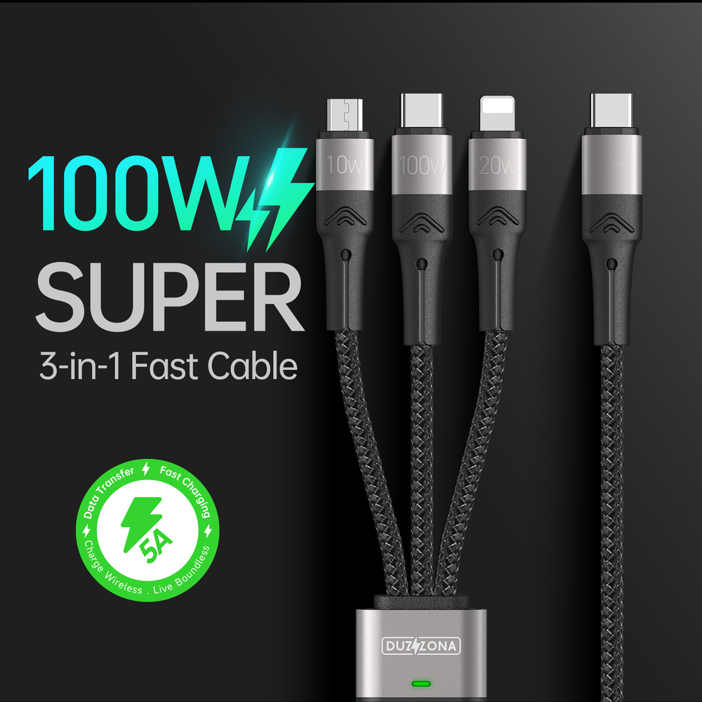 Кабель передачи данных с USB-C 3 в 1 в тканевой оплетке от Duzzona с разъемами USB-C, Lightning, Micro USB, серия A4 Cable, длина 1,3м