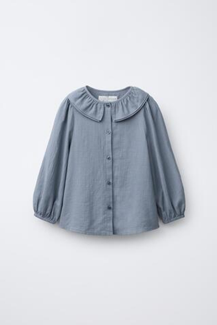 ZARA РУБАШКА С КРУГЛЫМ ВОРОТНИКОМ ИЗ ТКАНЕВОЙ СТРУКТУРЫ, СЕРО-СИНИЙ