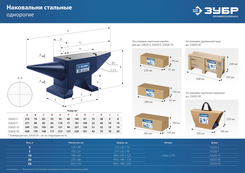 ЗУБР 50 кг, стальная наковальня, Профессионал (32620-50)