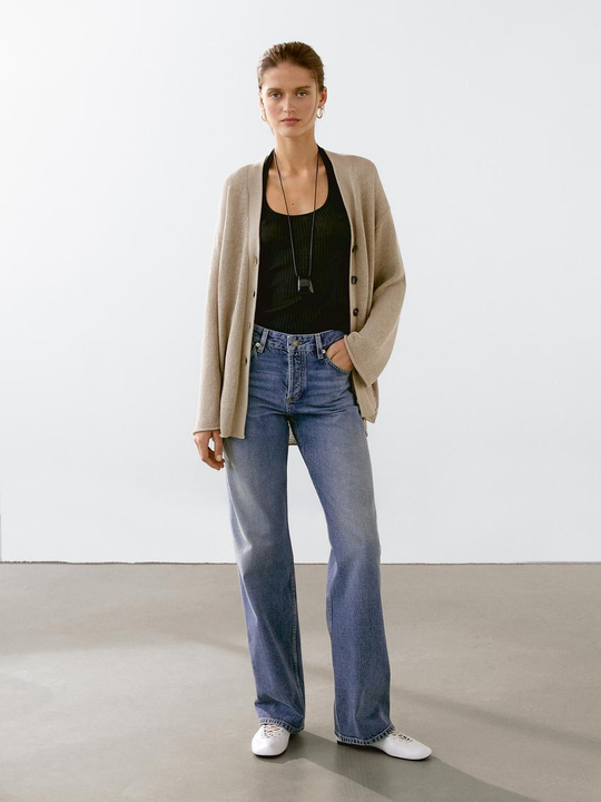 Massimo Dutti Кардиган оверсайз из тонкого трикотажа, бежевый/зеленый