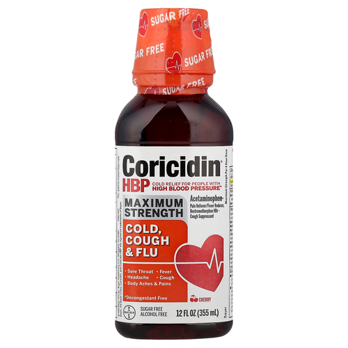 Coricidin HBP, От простуды от кашля и гриппа, максимальная эффективность, вишня, 355 мл (12 жидк. унц.)