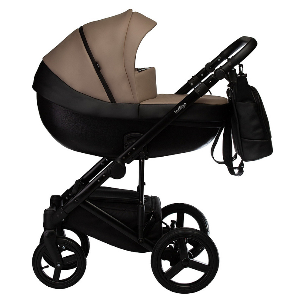 Детская коляска Indigo Tour Eco 2 в 1 Te04 черная кожа+т.бежевая кожа