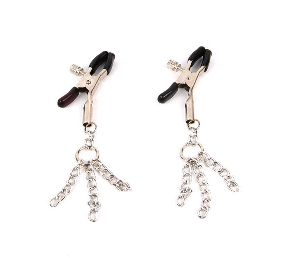 Серебристо-черные зажимы на соски с декором из цепочки (Цвет: серебристый с черным)