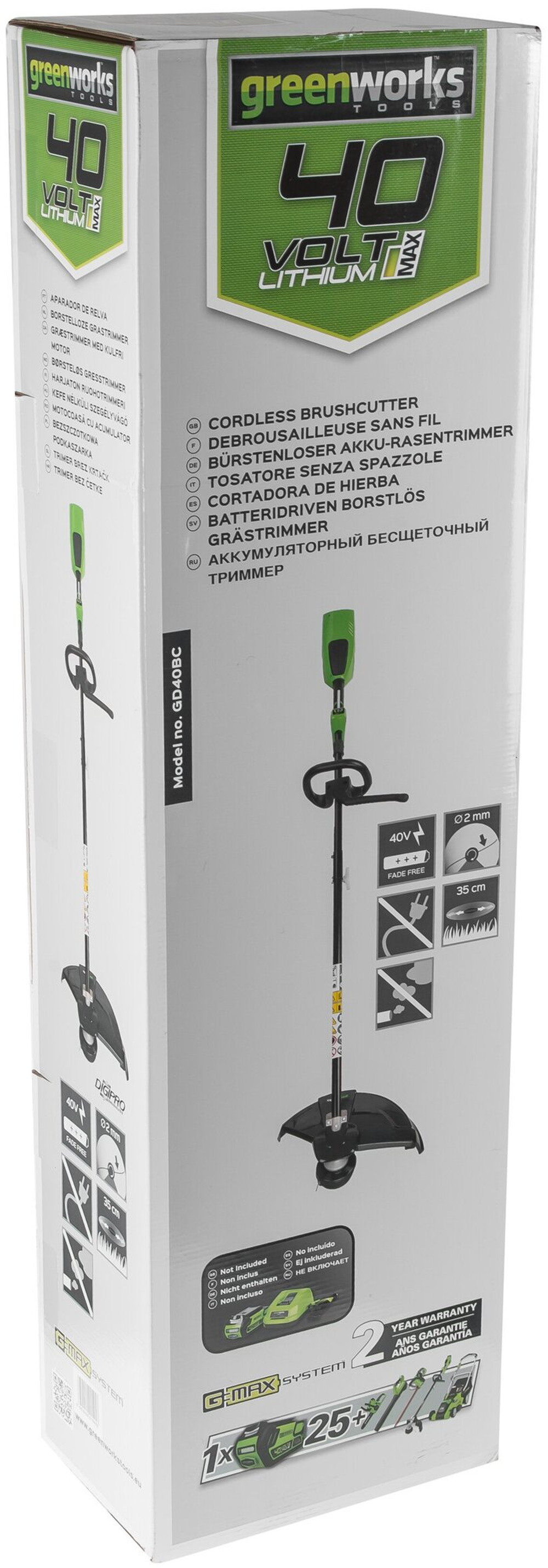 Триммер струнный аккумуляторный GREENWORKS GD40BC,40В,35см,б/щ,с ножом,без АКБ и ЗУ  (1301507)