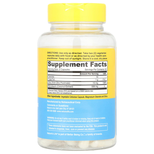 Nature's Life, монолаурин и цинк, 90 капсул