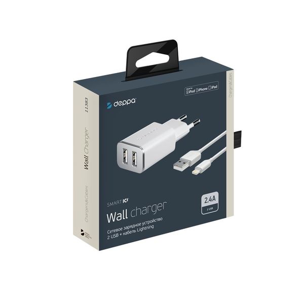 Зарядное устройство Deppa Ultra MFI 2.4A + дата-кабель Lightning 1.2m (2USB: 5V 2.4A)