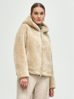Искусственная шуба с капюшоном, бежевая, Северина