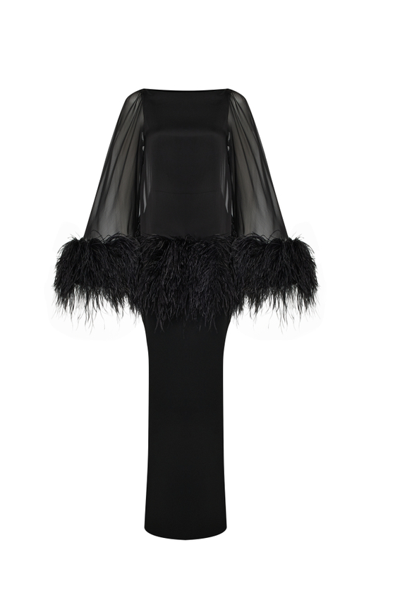 Платье макси из сатина с кейпом из шифона и перьями