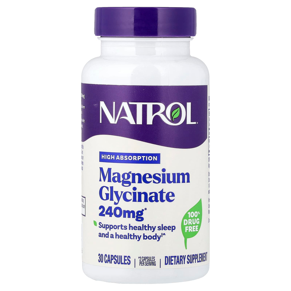 Natrol, глицинат магния, высокая степень усвояемости, 30 капсул (120 мг в 1 капсуле)