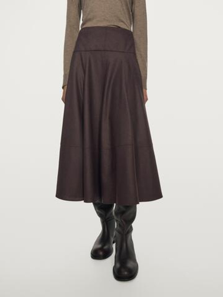 Massimo Dutti Юбка миди из смесовой шерсти с кокеткой, коричневый