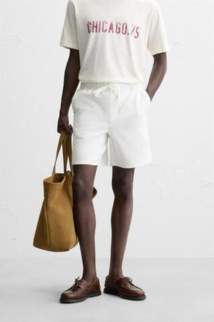 ZARA ШОРТЫ КОМФОРТНОЙ ПОСАДКИ ИЗ РЕЛЬЕФНОЙ ТКАНИ, ЖЕЛТОВАТО-БЕЛЫЙ